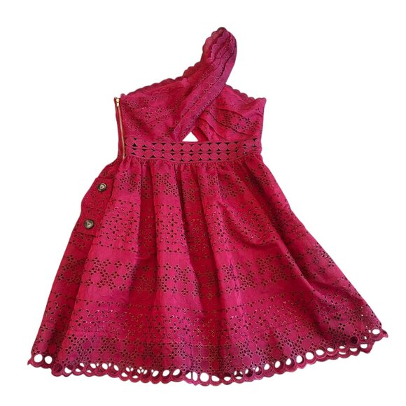 Self-Portrait One Shoulder Cranberry Red Eyelet Lace Dress A-Line Cutout Size 8 - Picture 9 of 15